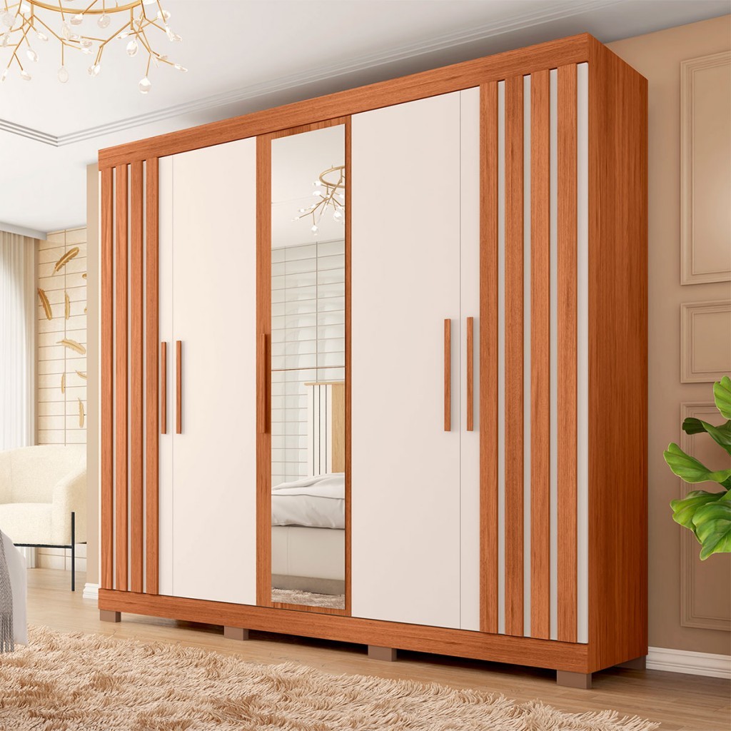 Guarda-Roupa Casal Antonella 5 Portas 2 Gavetas com Espelho Freijó/Off White - Pnr Móveis em Oferta na Shopee