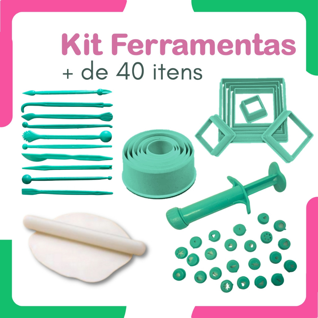 Kit Ferramentas para Biscuit ou Pasta Americana - Estecas + Rolo + Extrusora + Cortadores