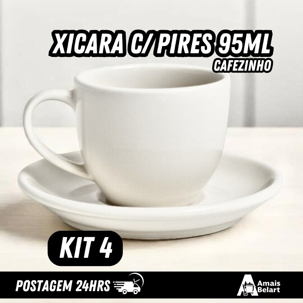 KITS até 4 Jogos de Xícara de 95ml com Pires em Porcelana Branca – Conjunto Elegante, Micro‑ondas e Lava‑Louças