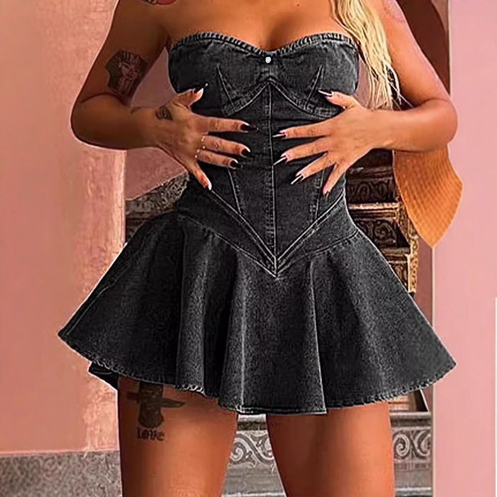 Detalhes do D8699 Vestido Mini A-Line Sexy Hot Girl de Moda Feminina, Sem Alças, Sem Mangas, Elegante e Estiloso em Denim