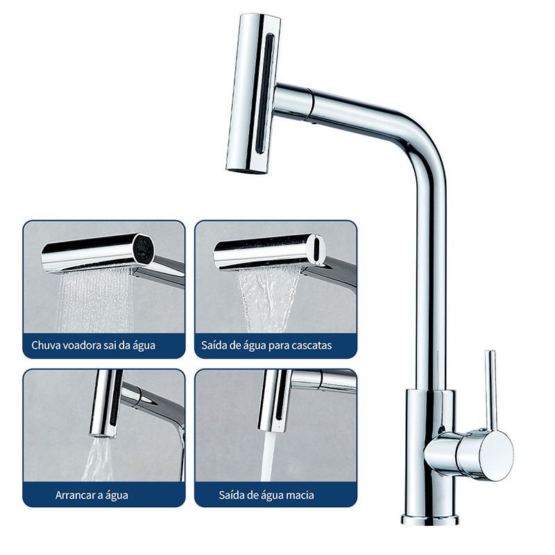 Torneira Cascata Cozinha Gourmet Bancada Misturador Quatro modos Inox 304 Cor Prata Brilhante Escovado
