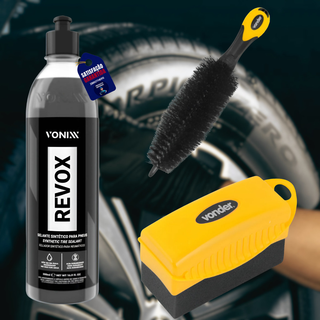 Kit Revox Pretinho 500ml Vonixx + Escova Para Furo de Rodas Vonder e Esponja Aplicadora