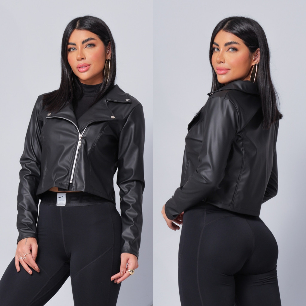 Jaqueta Feminina de Couro Fake Sintético Blusa Courino Com Zíper Moda Inverno Elegante