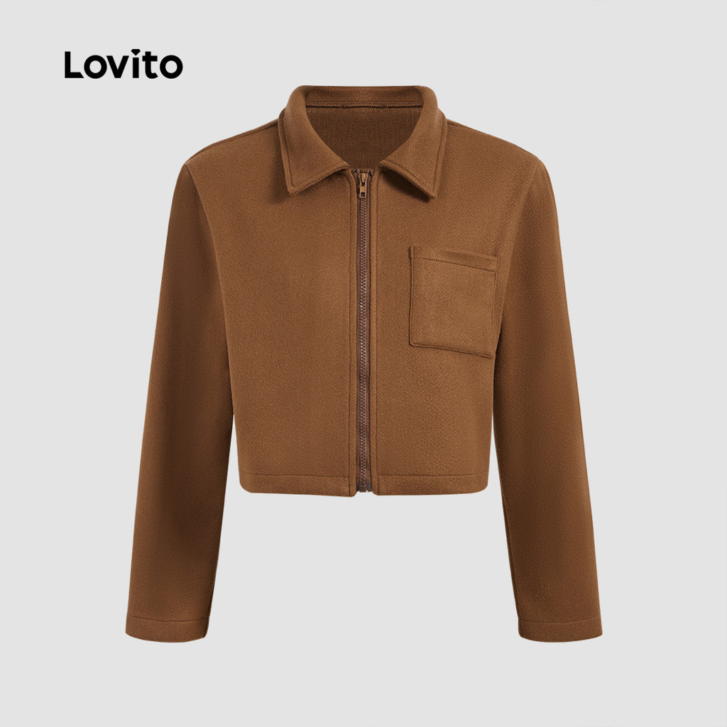 (Trendy) Lovito Jaqueta Casual De Bolso Falso Com Zíper Liso Para Mulheres LBL24450 - Women Clothes