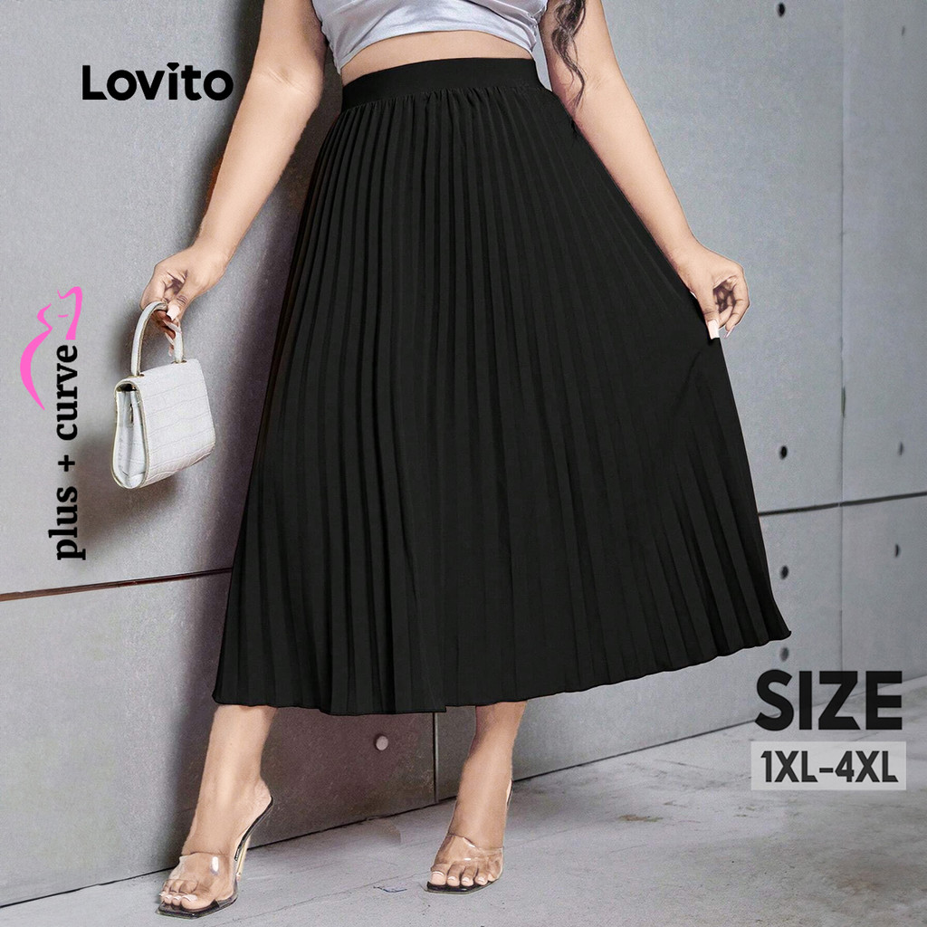 Lovito Saia Plissada Lisa Elegante Curva Plus Size Para Mulheres LBL24313 - Women Clothes