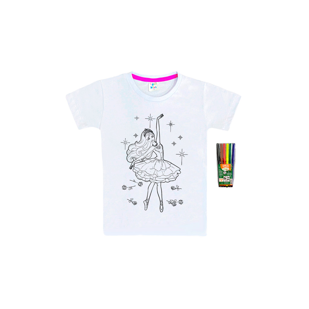 Camiseta Colorir Infantil Barbie Bailarina | Pinte e Lave | Criativa e Reutilizável