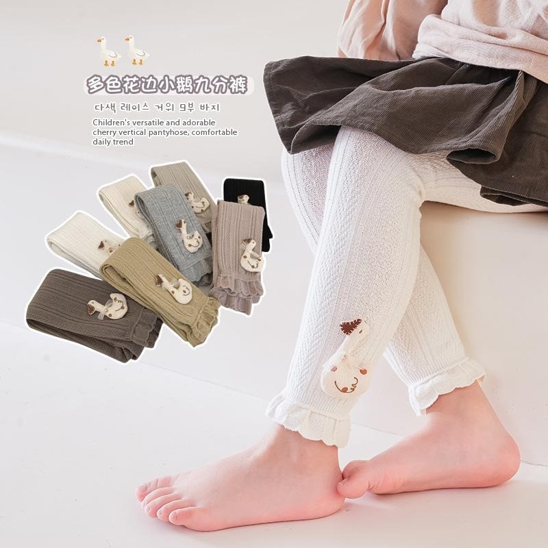 Leggings De Algodão Para Meninas Primavera E Outono-Estilo Fino Com Renda Branca Multicolorida-Pelúcias De Ganso Adornad