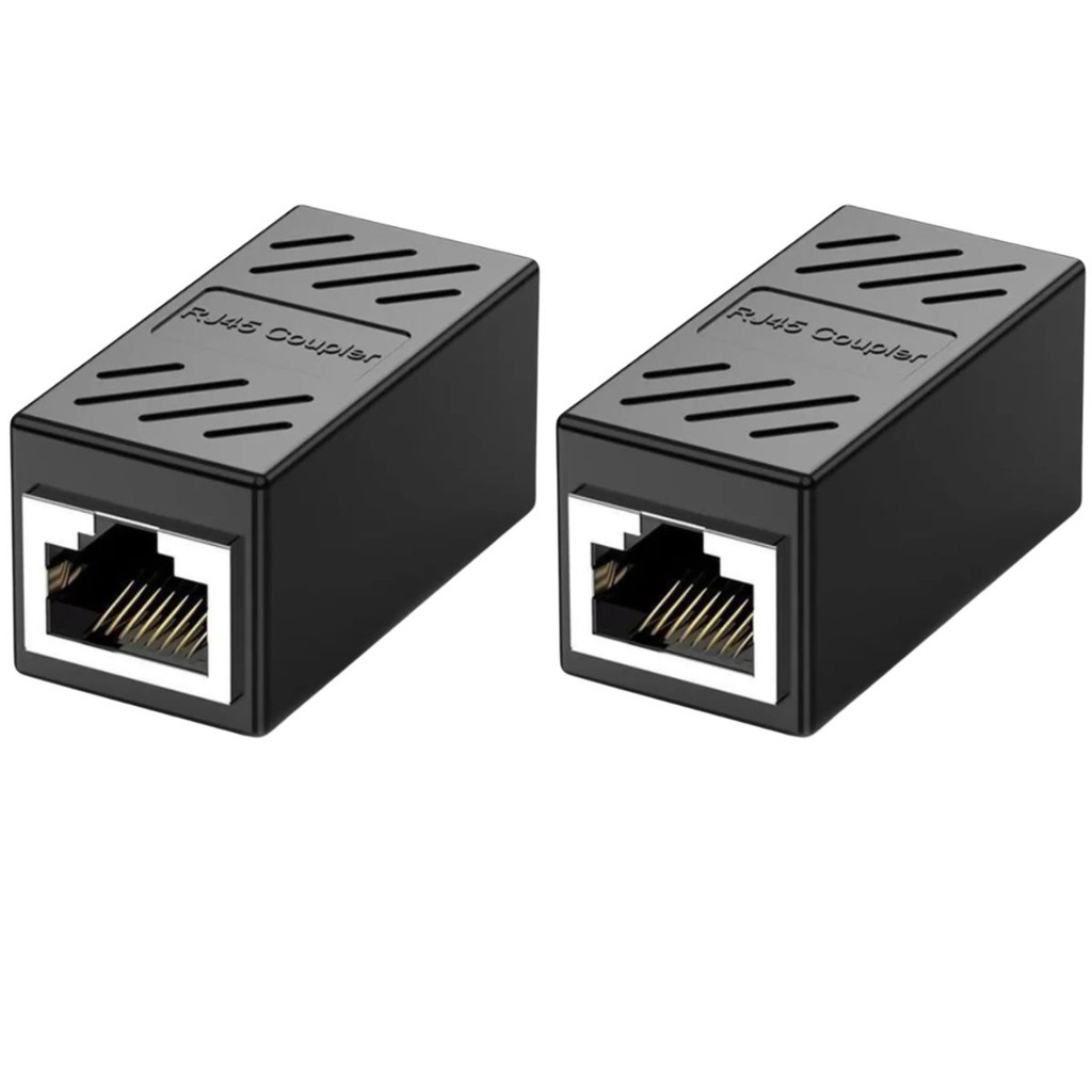 2x Adaptador Emenda Rj45 Extensor Cat5, Cat6, Cat7, Rede Ethernet Conector Blindado preto
