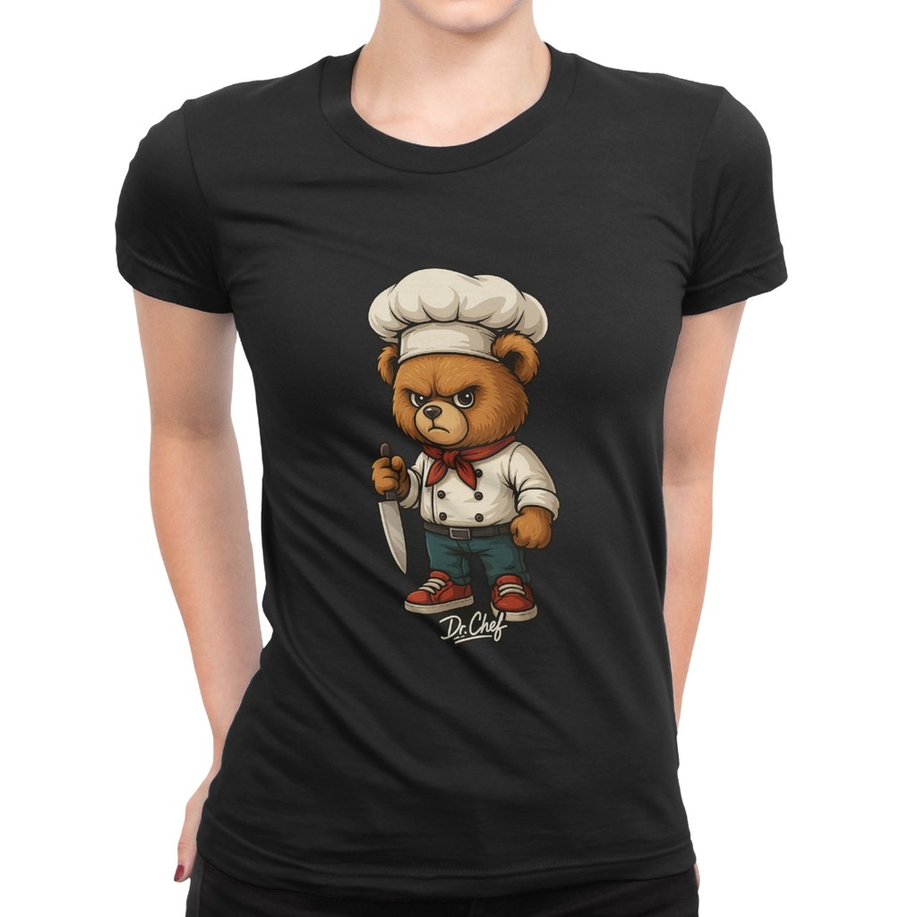 Camiseta Para Chef De Cozinha Feminina Estampa Chef Urso 100% Algodão Blusa Manga Curta Babylook Para Uniforme Presente