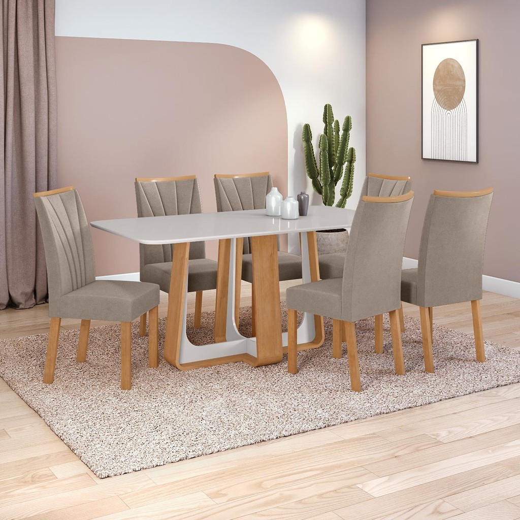 Conjunto Sala de Jantar Mesa Easy Pop 170x90cm Tampo Vidro/MDF 6 Cad Confort Suede Bege Amendoa/off em Oferta na Shopee