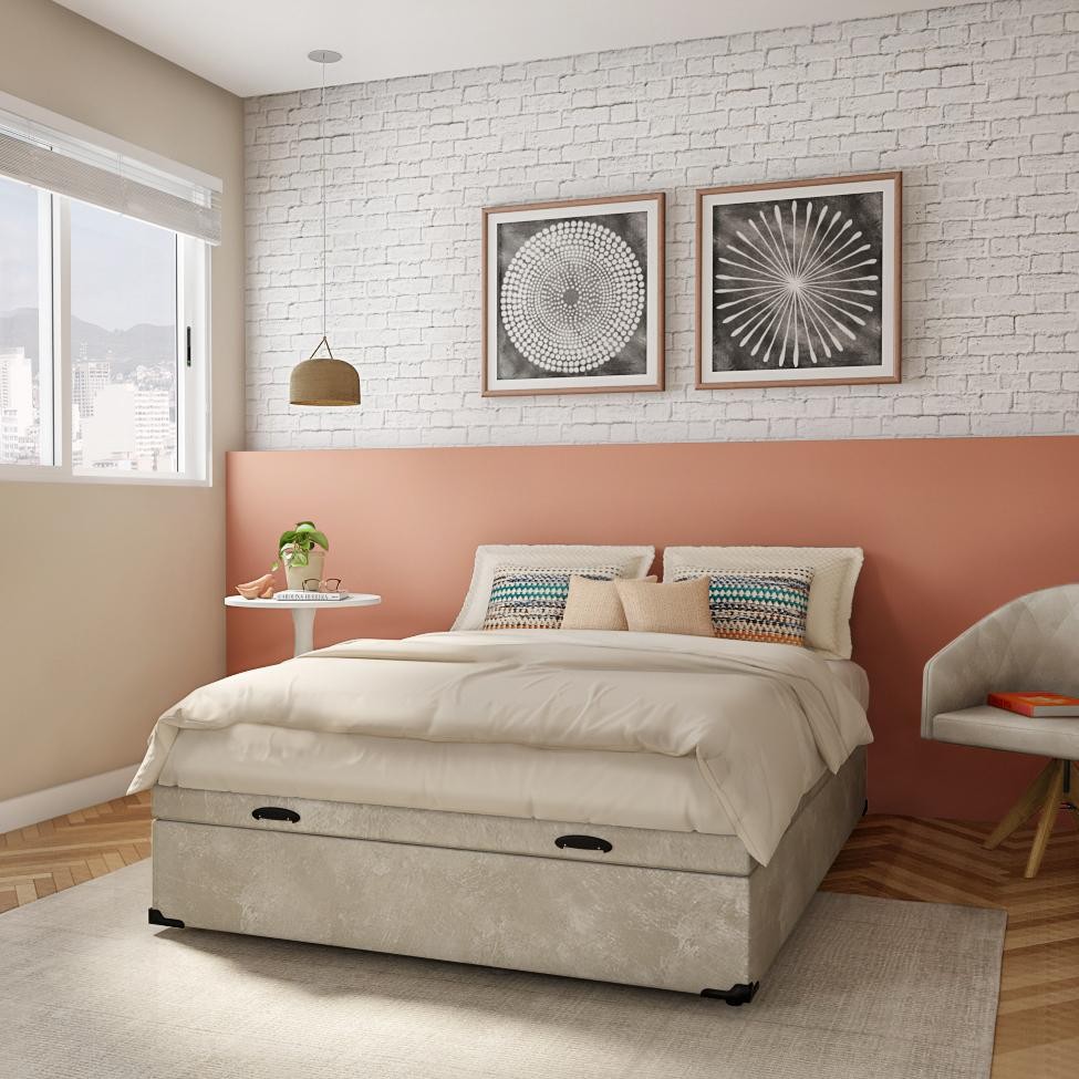 Base para Cama Box Casal Mabel com Baú Suede (47x138x188) Bege em Oferta na Shopee