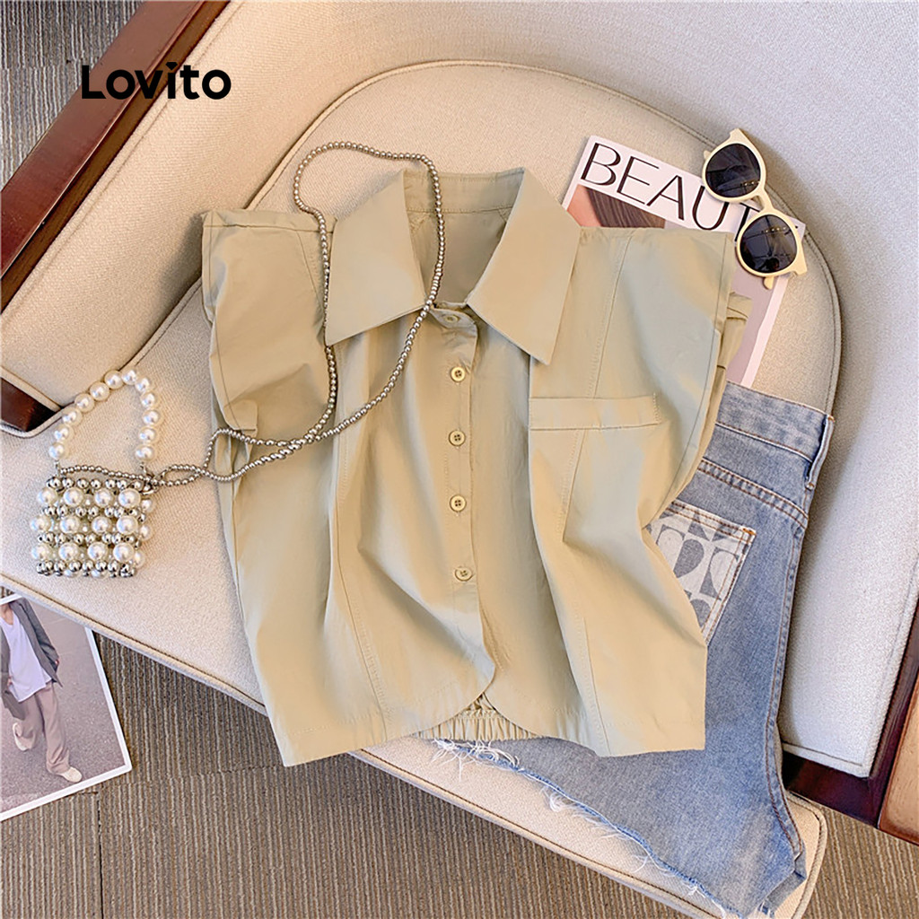 Detalhes do Lovito Blusa Casual Blusa Plissada Lisa Para Mulheres LNE575724