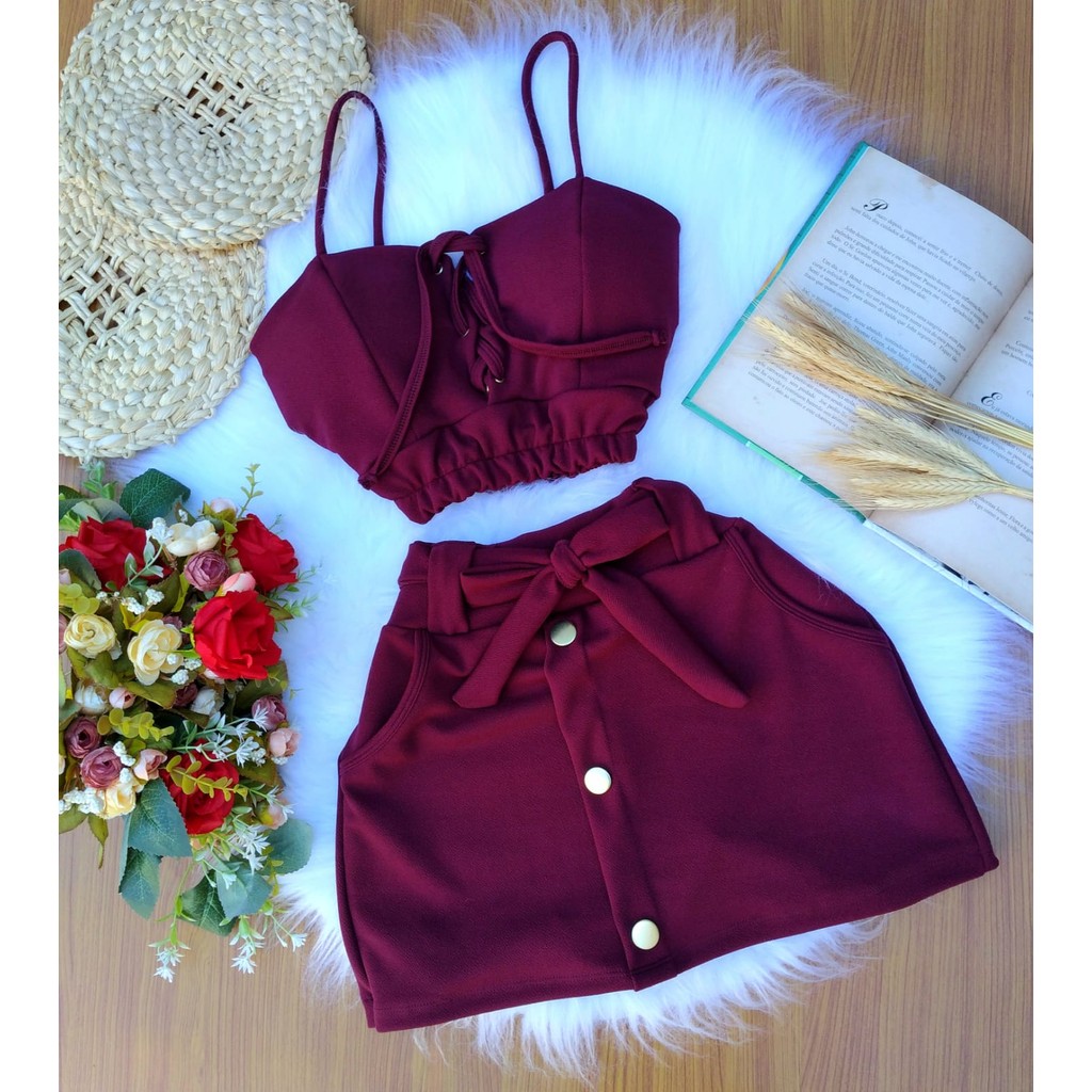 Conjunto Feminino Short Saia e Cropped  de Malha