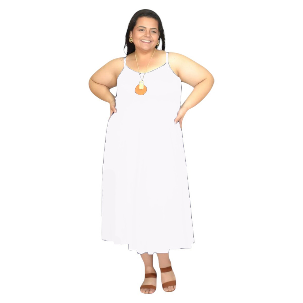 Vestido Branco Plus Size Midi Fresco e Versátil – Alcinhas, Sem Bojo e Super Confortável