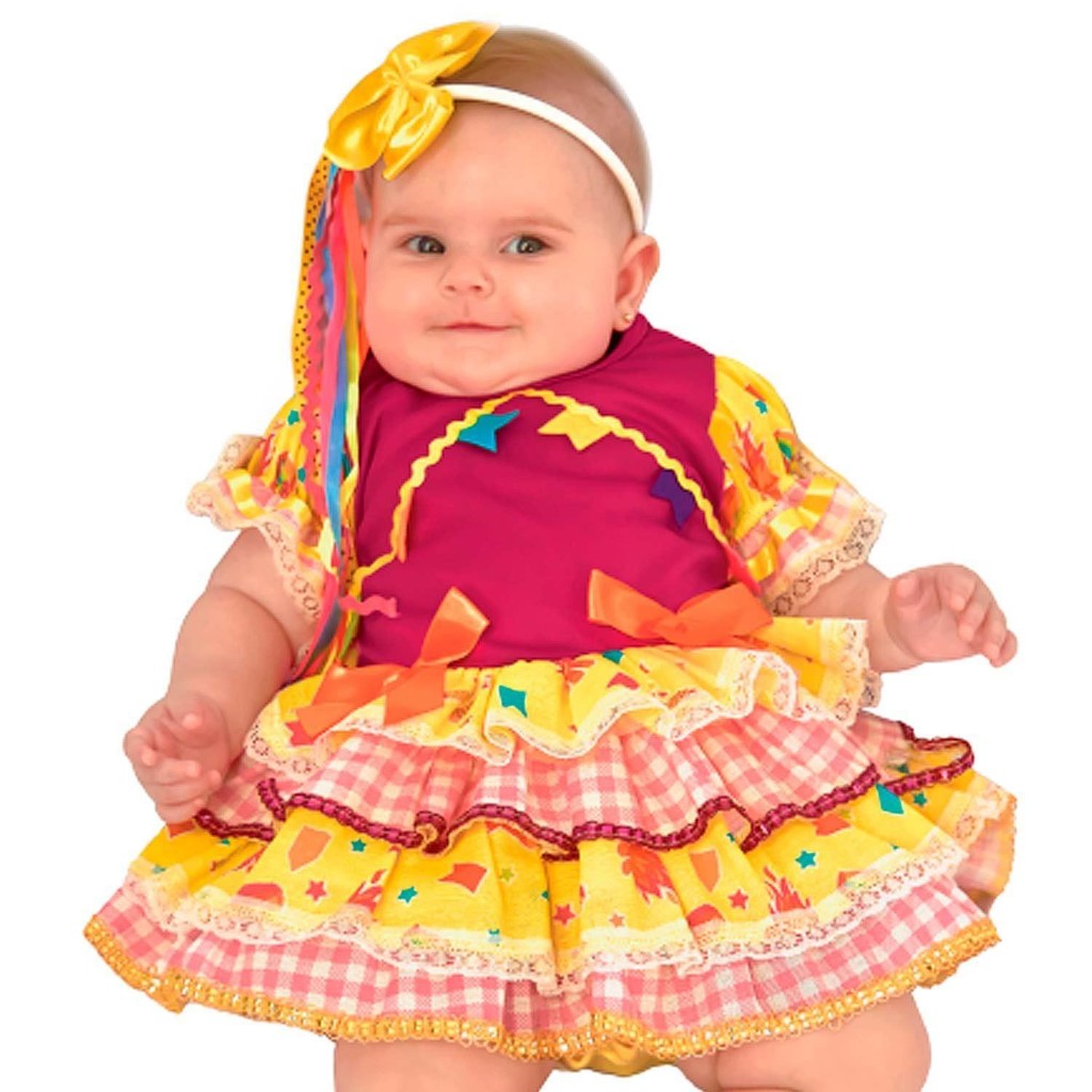Vestido Feminino Bebê Caipirinha Festa Junina Com Tiara