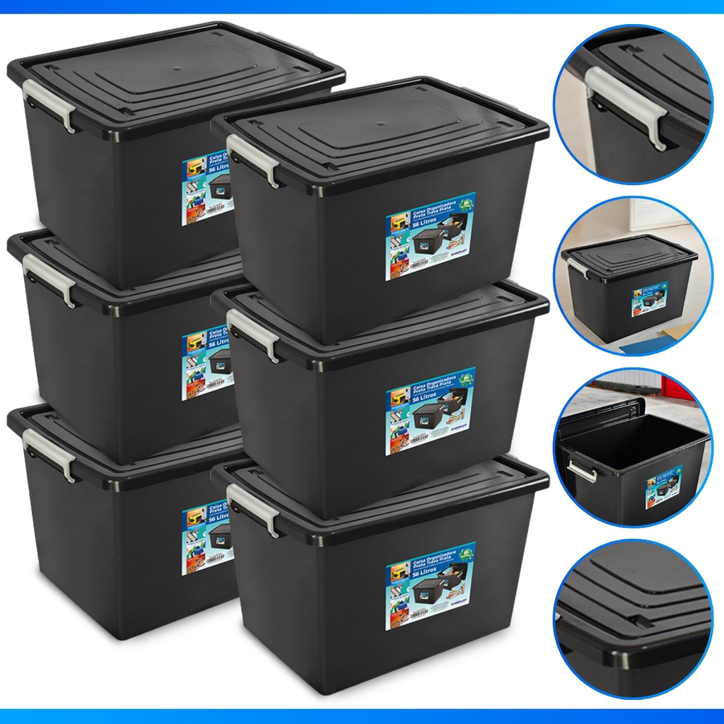 Kit 6 Caixas Organizadoras C/ Tampa e Trava 56 Litros Preta - PROMOÇÃO
