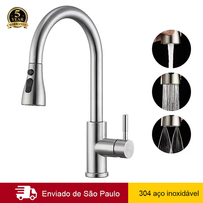 Torneira Cozinha Bancada Gourmet Extensível Misturador Inox 304 Cor Prateado Escovado
