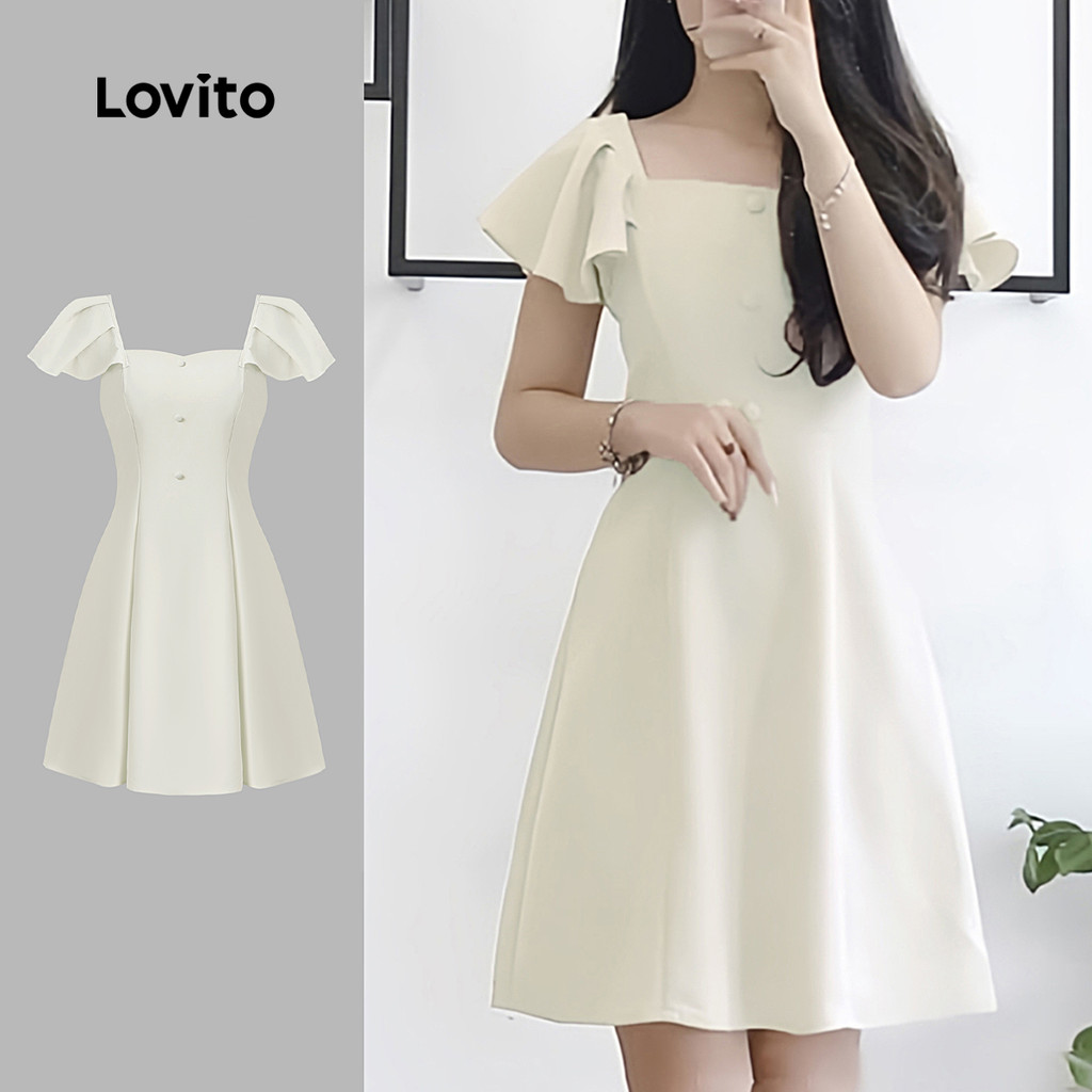 Lovito Vestido Elegante De Damasco Com Botão Liso Verão Primavera Para Mulheres L134ED743
