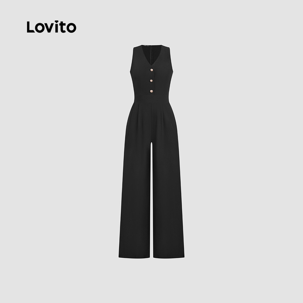 (Trendy) Lovito Macacão Casual Com Botão E Bolso Com Zíper Verão/Primavera Macacão Preto Para Mulheres L134ED117 em Oferta na Shopee