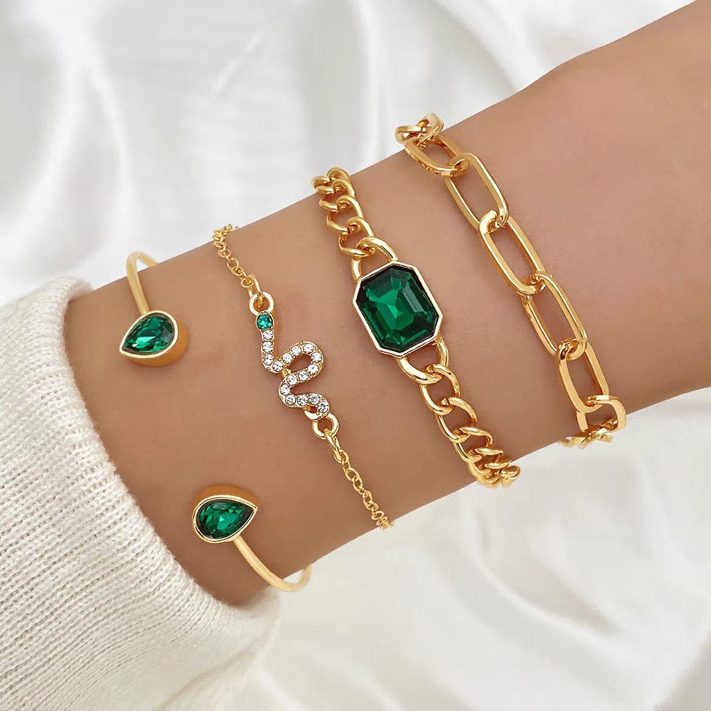 Conjunto De 4 Peças De Pulseira Quadrada Vintage Com Diamantes Verdes Pulseira Com Diamantes E Coração De Cobra em Oferta na Shopee