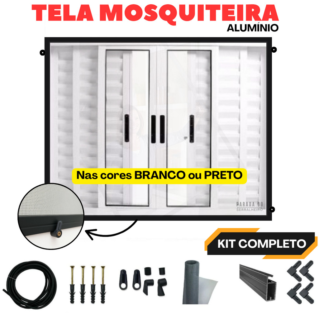 Tela Mosquiteiro Removível Kit  mosqueteira moldura de Alumínio Branco ou Preto (várias medidas) em Oferta na Shopee