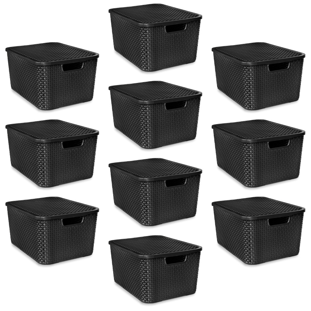 Kit Com 10 Cesto Caixa Organizadora Rattan Com Tampa 7 Litros Preto - PREÇO BAIXO — imagem 2 de 2