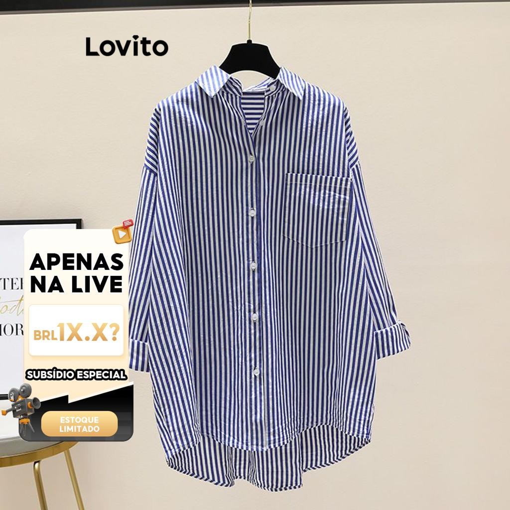 (KOL‘s pick) Lovito Blusa Casual Blusa Listrada Com Botões Para Mulheres LNL69188 - Women Clothes