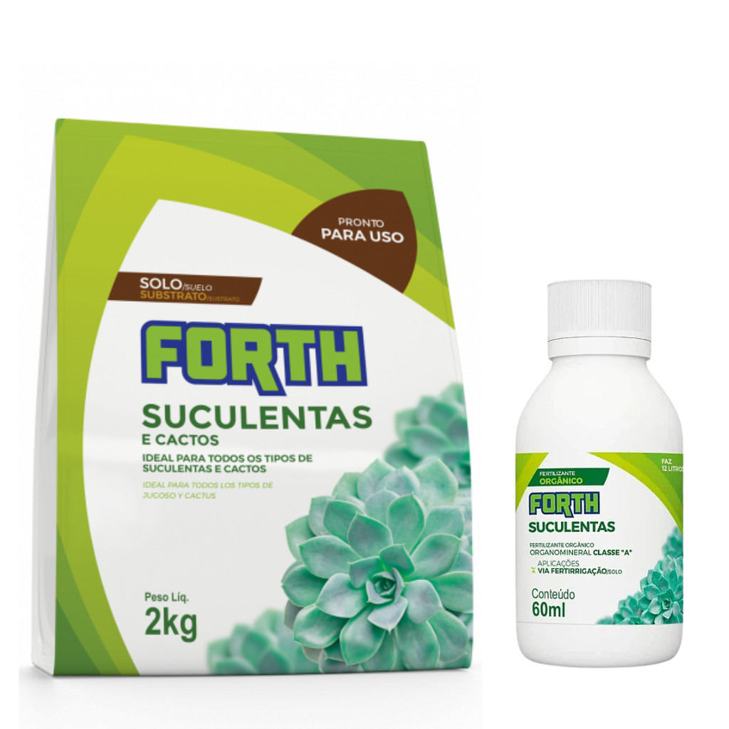 Kit FORTH Substrato 2kg + Fertilizante 60ml para Suculentas e Cactos concentrado