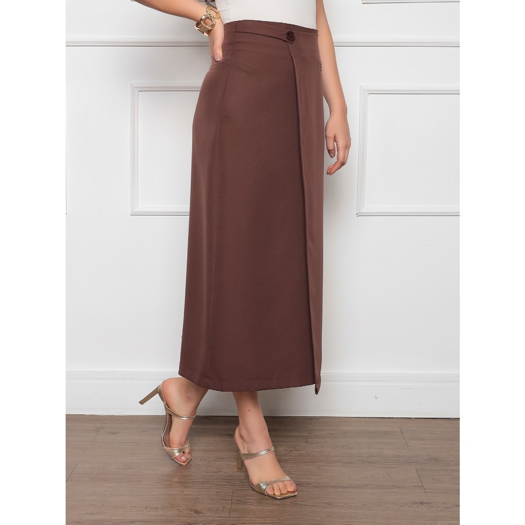 L167 Saia Midi feminina Detalhe lateral Bolso falso ziper atrás