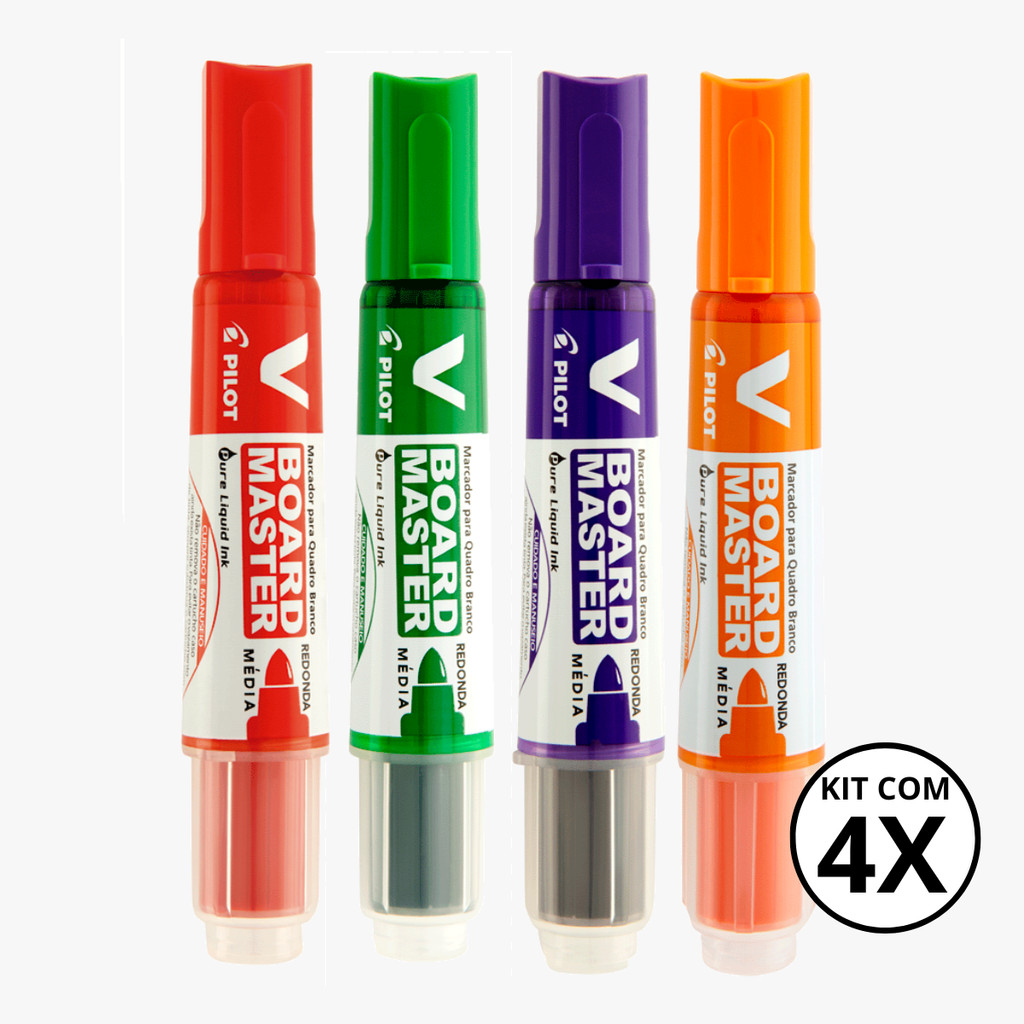 Kit com 4 Marcadores Para Quadro Branco V Board Master - PILOT KITS:VERMELHO+VERDE+VIOLETA+LARANJA