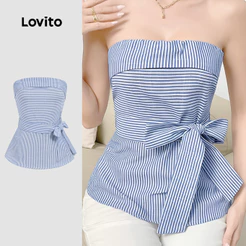 Lovito Casual Top Feminino Listrado Com Zíper E Amarração Frontal Regata De Verão/primavera L129AD1477