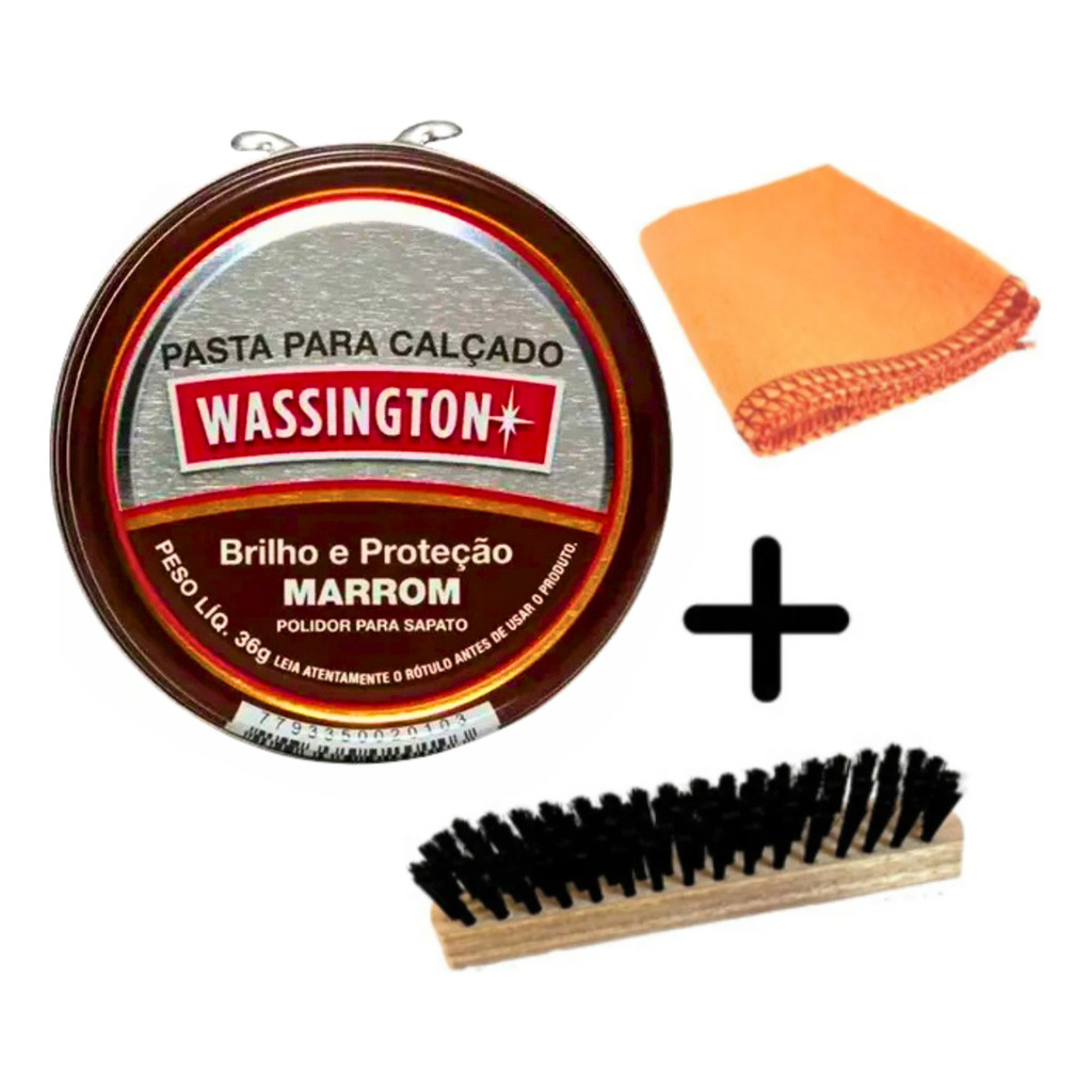 Kit 1 Graxa Cera Pasta Wassington 36g Marrom 1 Escova 1 Flanela Polidor Sapato em Oferta na Shopee