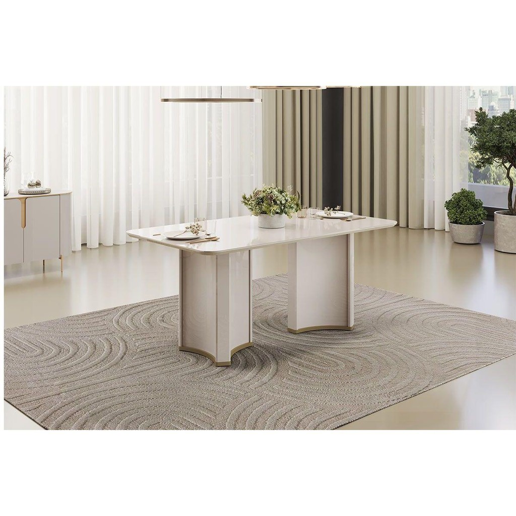 Mesa de Sala Jantar Liz c/ Tampo Madeirado c/ Vidro Curvo 180x100cm Off White/Off White - DJ Móveis em Oferta na Shopee