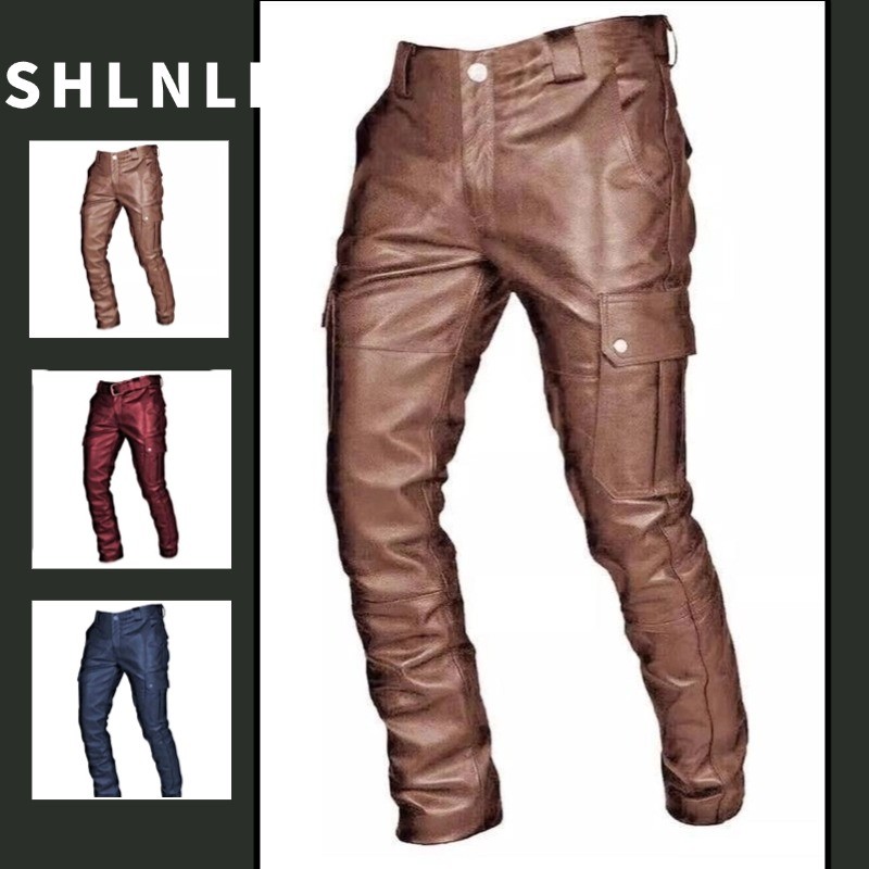 Calça Masculina Americana De Couro Casual Com Tiras De PU De Cor Sólida Slim Fit Para Outono E Inverno