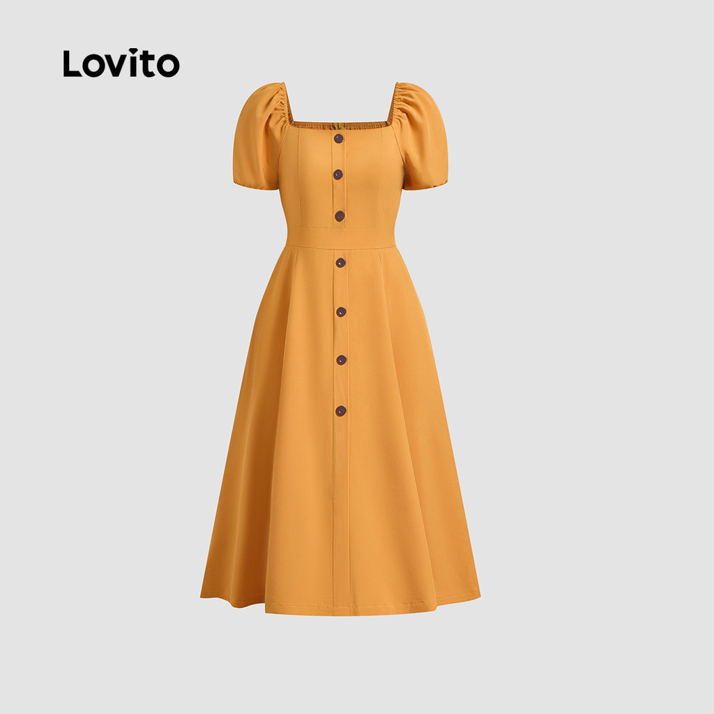 Detalhes do Lovito Vestido Casual Com Estrutura De Botão Linha Primavera/Verão Vestido Amarelo Para Mulheres L134ED866