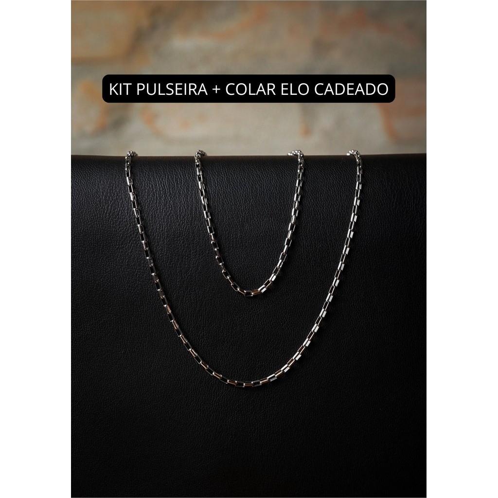 Kit Cordão Colar Corrente Elo Cadeado Em Aço Inoxidável + Pulseira Cadeado Aço Inox Não Escurece Não Enferruja