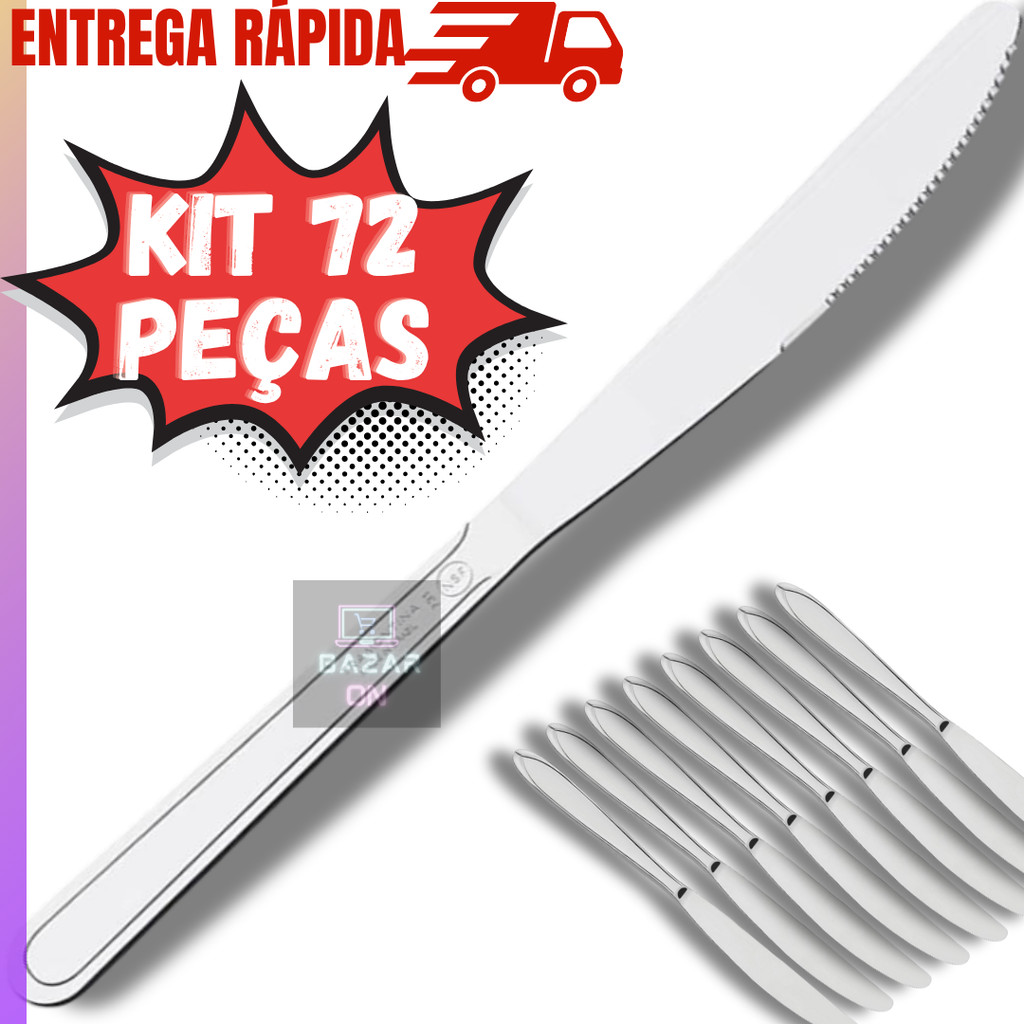 Kit Jogo 72 Facas Mesa Churrasco Aço Inox Com Serra Ponta Conjunto Jantar Almoço Restaurante Hotel