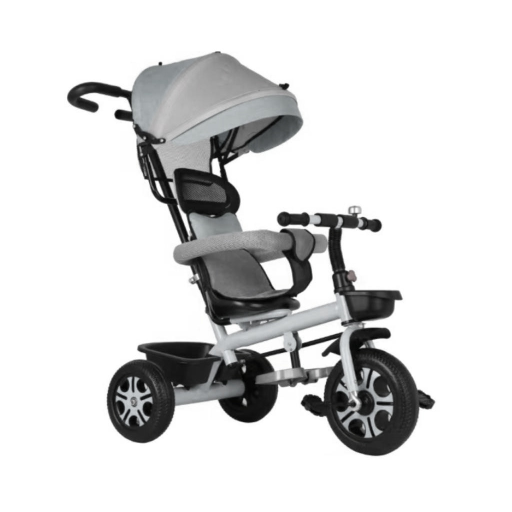 Triciclo Carrinho Infantil c/ Empurrador e Capota Cinza