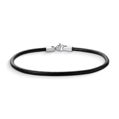 Pulseira Slim de Couro Preto Masculina Elegante com Fecho Prata