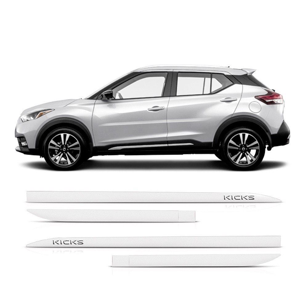 Friso Lateral Nissan Kicks 2016 a 2024 Flash Cotrim Branco Diamond Letra Cromada 4 peças