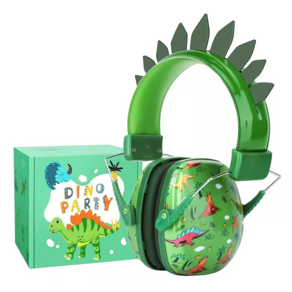 Abafador de Ruído Infantil Dinossauro Verde com Caixa Fone Protetor Auricular Ouvido Som Barulho Criança Autismo