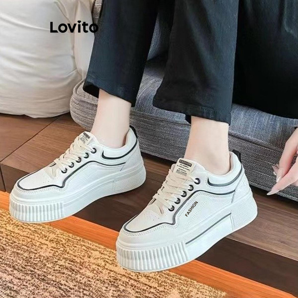 Lovito Tênis esportivo liso com sola grossa, simples e versátil para mulheres LFA66315 - Women Shoes