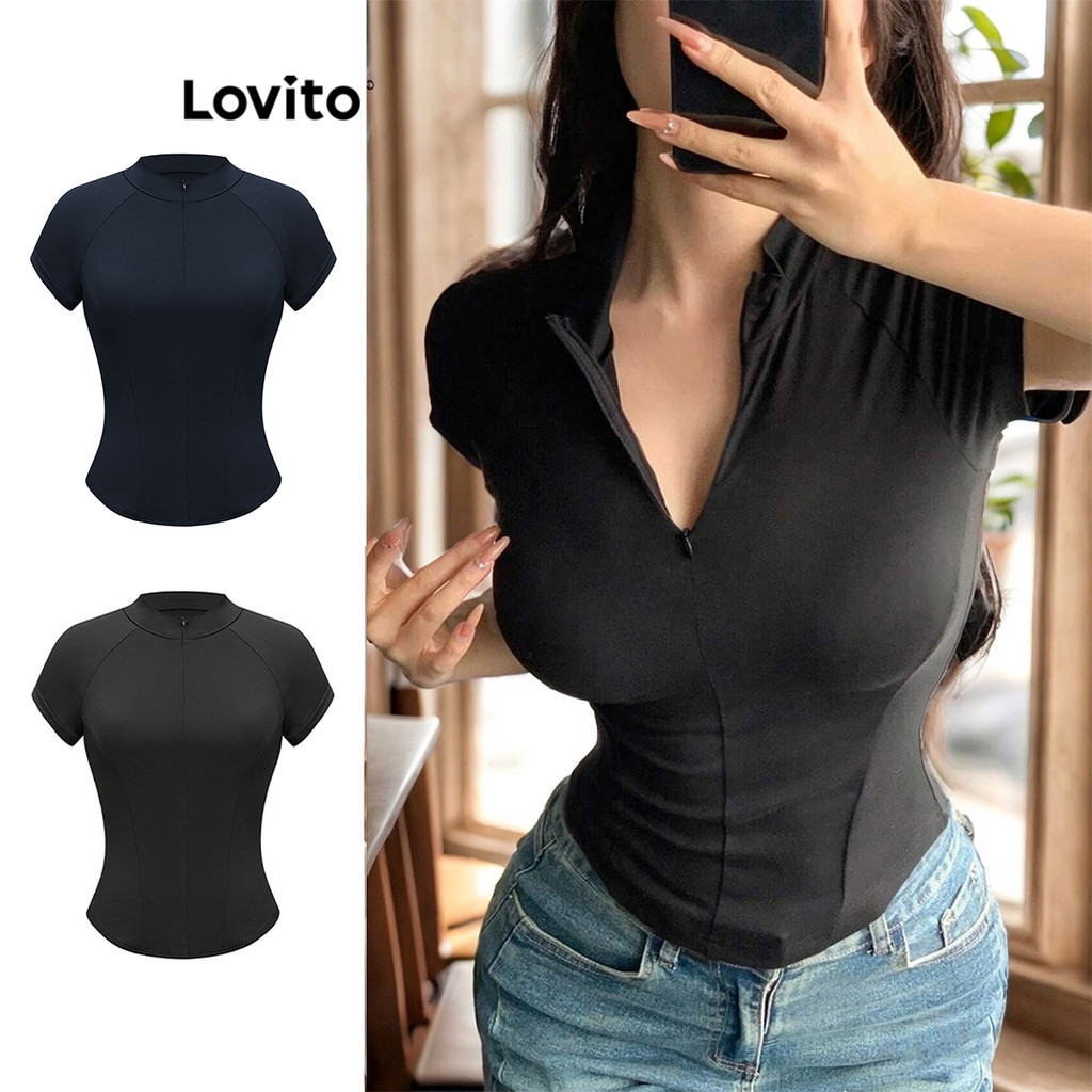 Lovito Camiseta Casual Com Zíper Liso Para Mulheres L88AD043 (Multicolorido) - Women Clothes