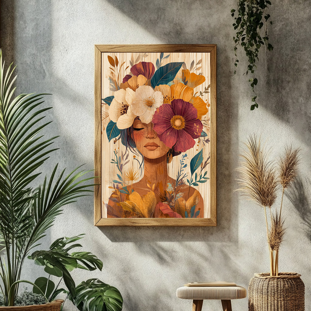 Quadro Decorativo Mulher com Flores Arte Botânica Feminina Elegante Tons Terrosos com Moldura em Oferta na Shopee