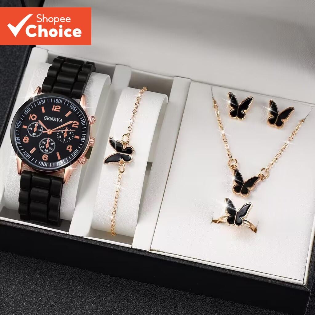 Conjunto De Joias Da Moda – Colar Pulseira Brincos Anel Para Mulheres Branco Preto Present...