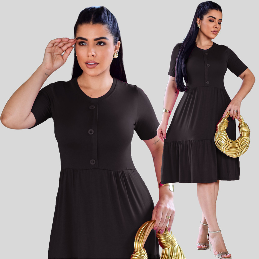 Vestido Feminino Rodado Botões Malha Premium em Oferta na Shopee
