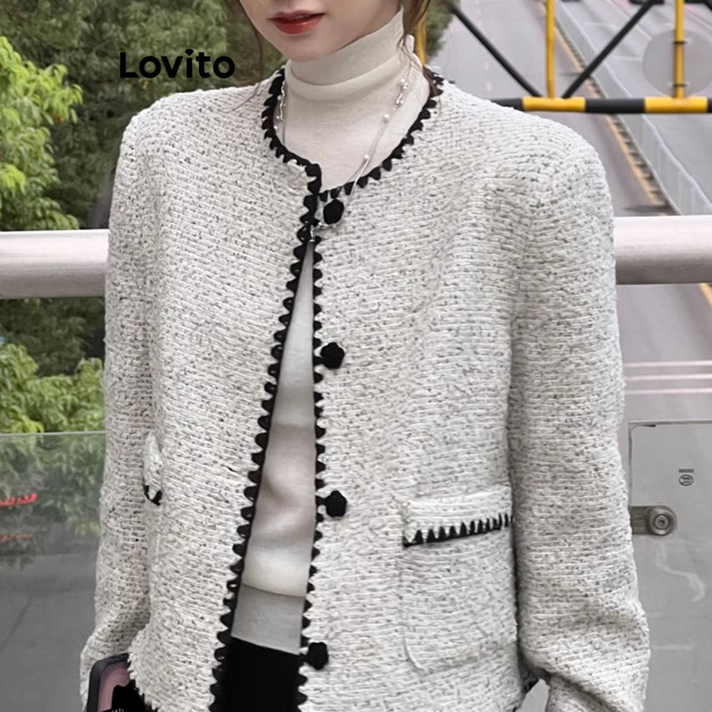 (Trendy) Lovito Casual Jaqueta Feminina Lisa Alinhada com Botão Frontal LNA31160 (Cinza) - Women Clothes