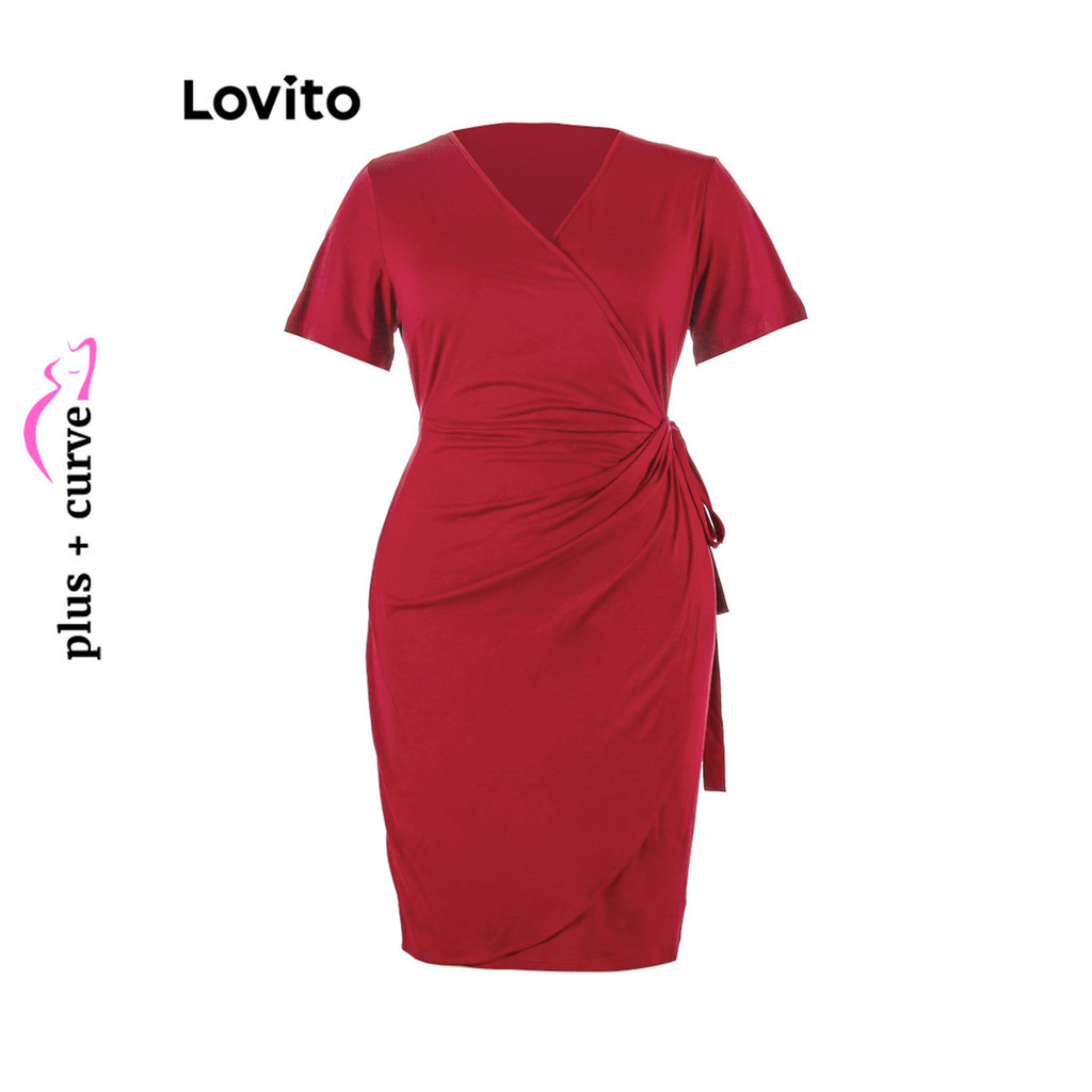 (Trendy) Lovito Vestido Curvo Plus Size Elegante Vestido Liso Para Mulheres LNL37033 (Verde/Borgonha/Preto) - Women Clothes