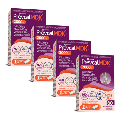 4x Prevcal Mdk 2.000ui 60cpr - Vitaminas D K Magnésio Calcio