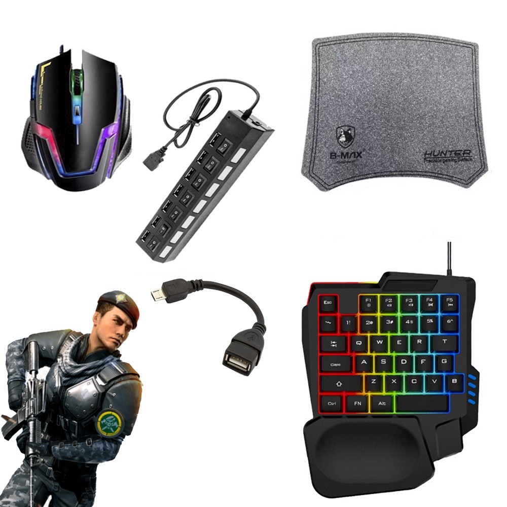 Kit Gamer Teclado One Hand E Mouse + Cabo OTG + Hub Usb 7 portas